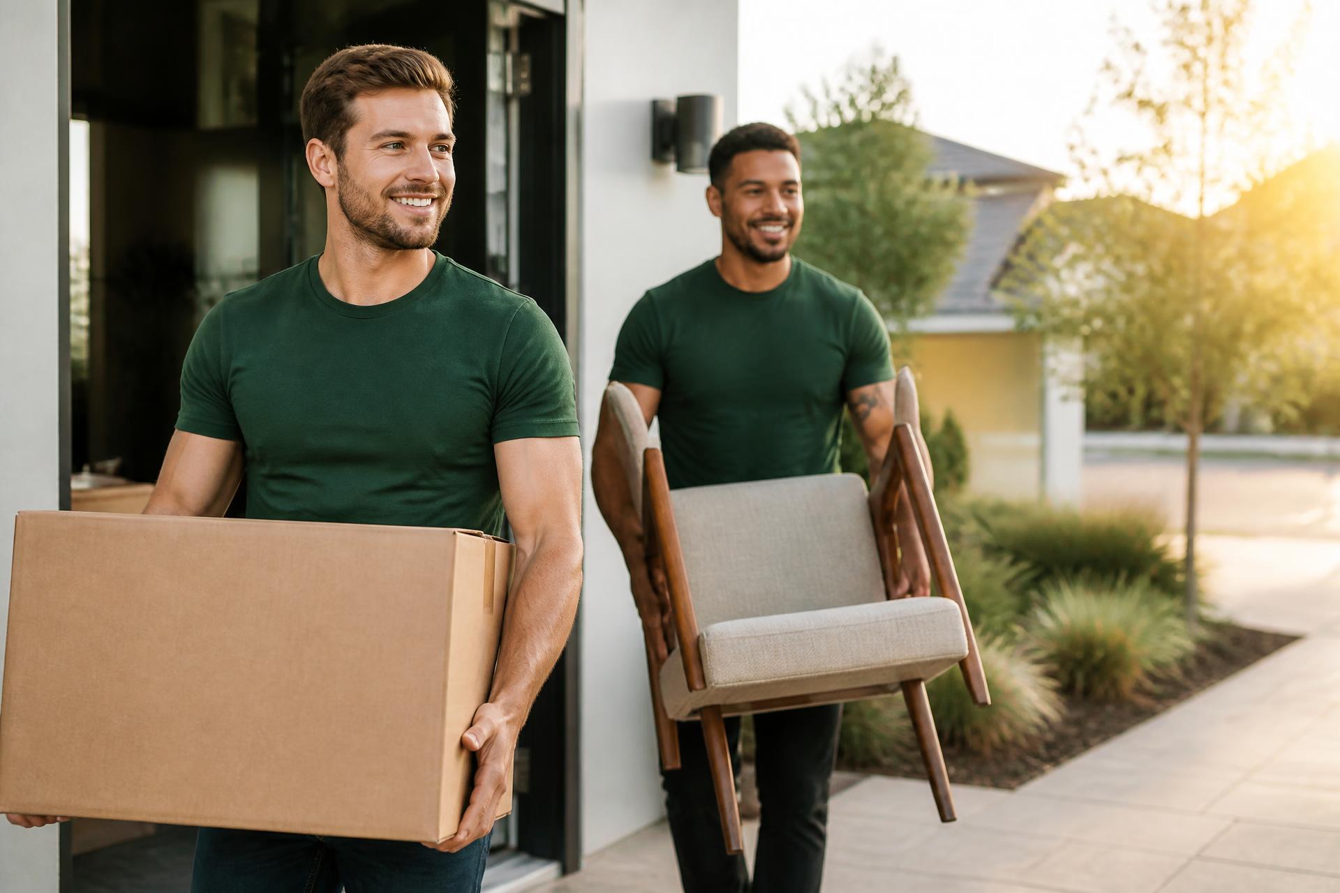 Two friendly junk removal professionals helping a homeowner